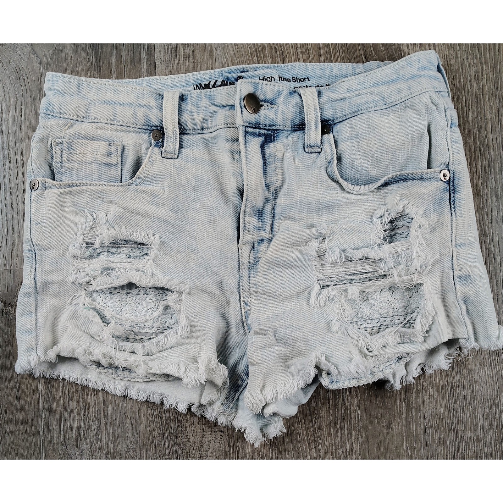 Mossimo Distressed High Rise Denim Shorts Crochet Pocket Light Stretch 6/28 2in